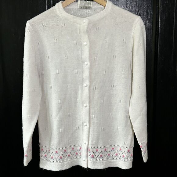 Vintage Billie Jo Cardigan Sweater Size Medium Large?? White Pink Floral Cottage - Picture 1 of 8